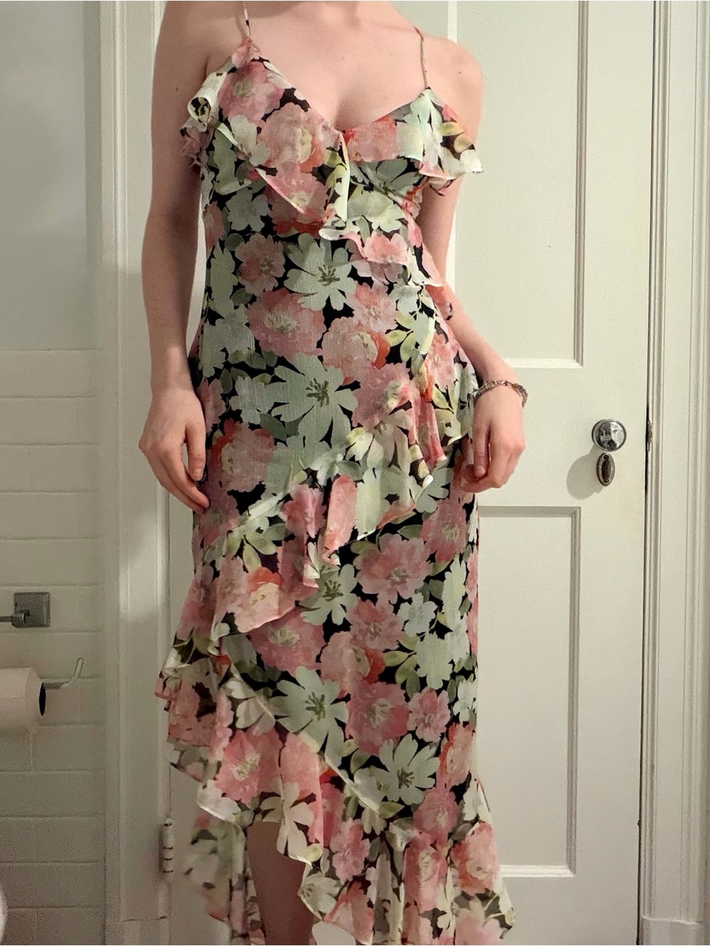 Floral Ruffle Slip Dress in Black and Pink